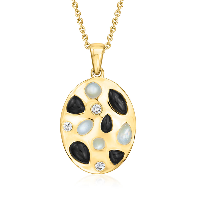 Gold pendant necklace with onyx, mother-of-pearl and small diamond accents