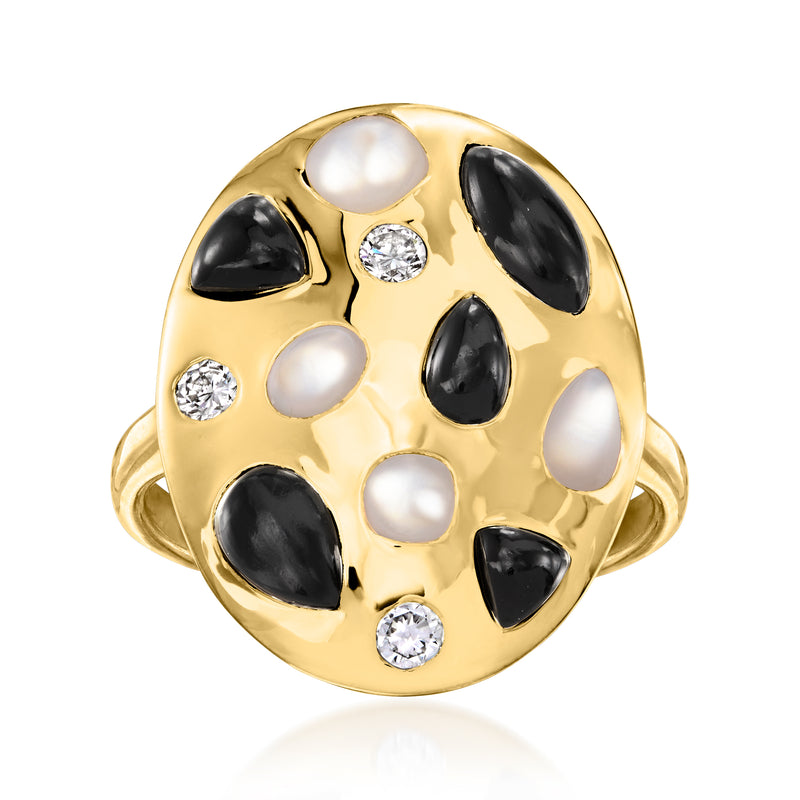 Gold tone onyx and mother-of-pearl ring with clear round stones, domed top view