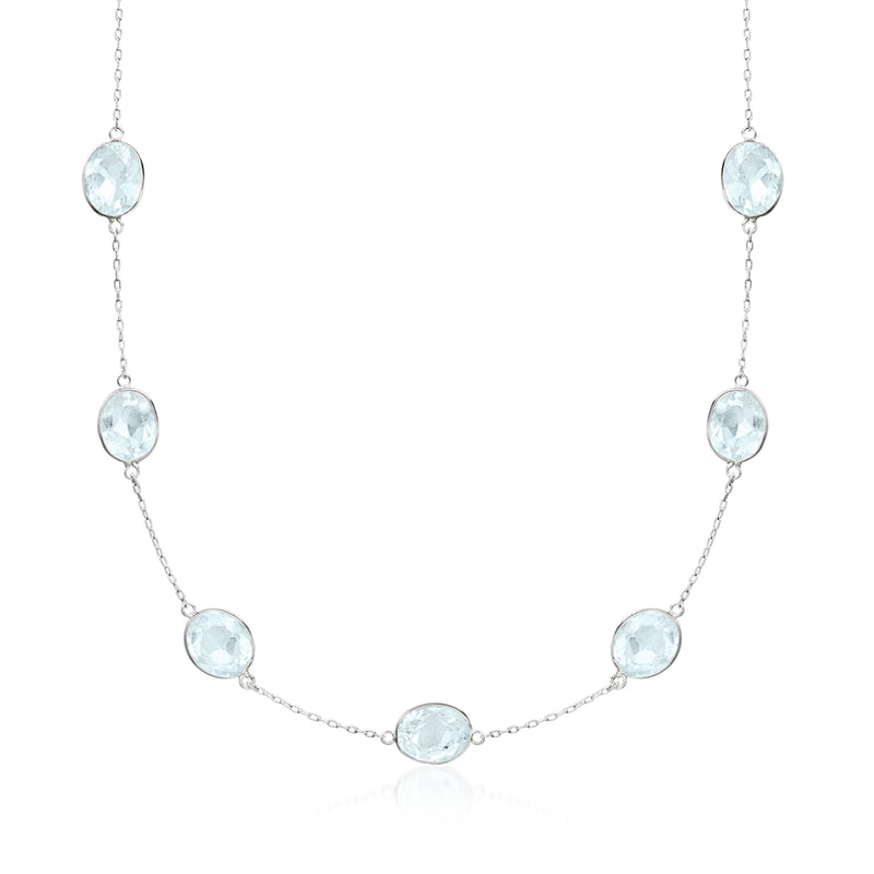 Platinum station necklace with five round light-blue aquamarine gemstones on chain