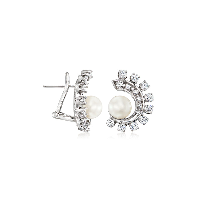 White gold post stud earrings with round cultured pearl and diamond swirl halo, side view