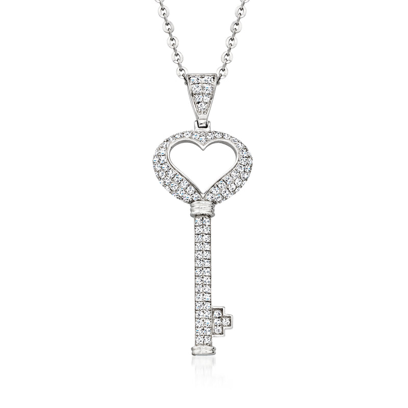 Diamond key pendant necklace in 18kt white gold with heart-shaped bow