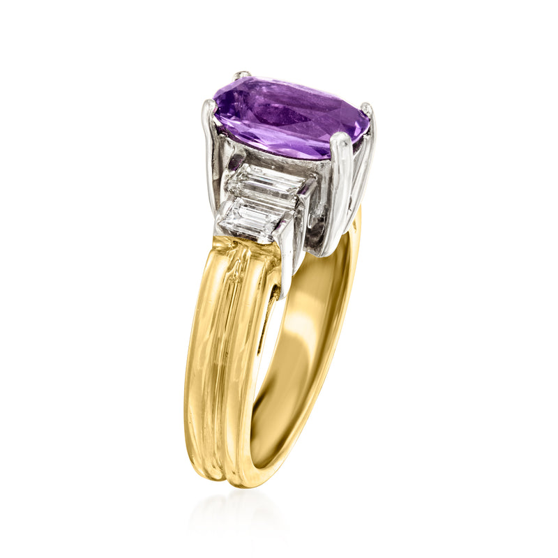 Amethyst cushion-cut ring with baguette diamond shoulders, 14kt yellow gold
