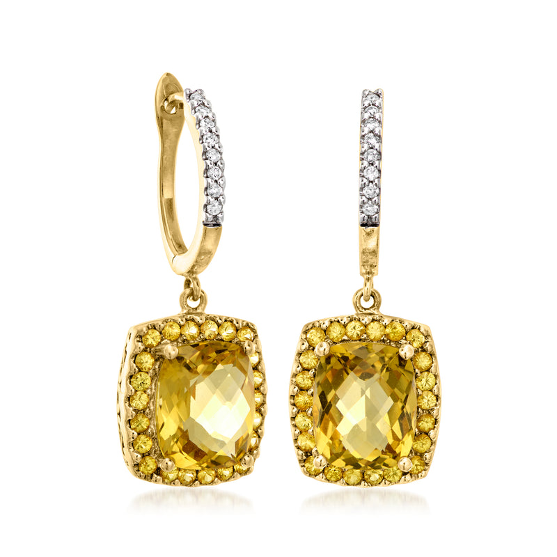 18kt yellow gold drop earrings with citrine and diamond pavé hoops