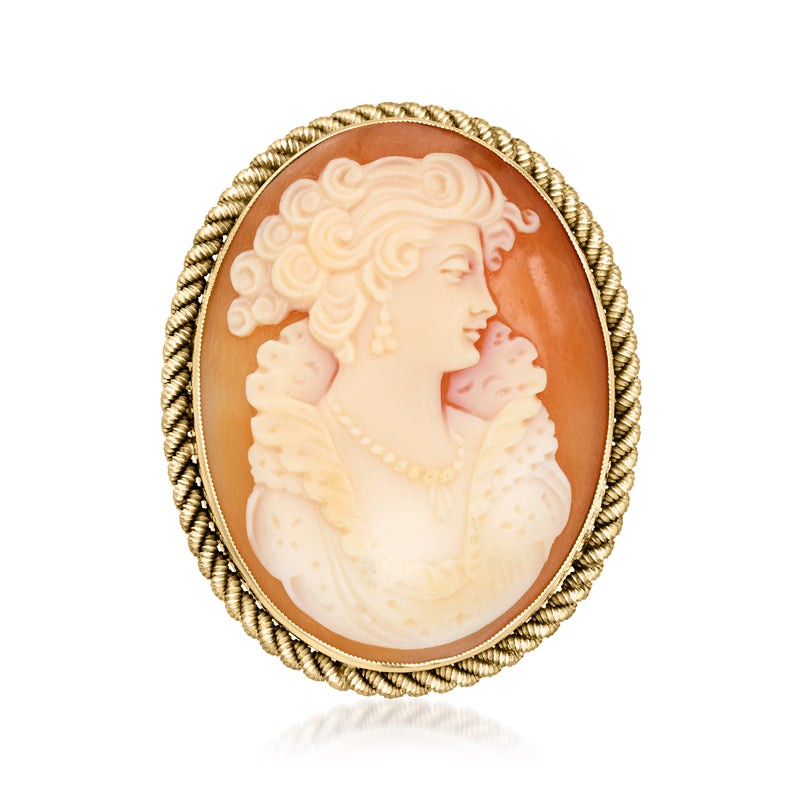 Vintage orange shell cameo pin with woman profile in yellow gold frame