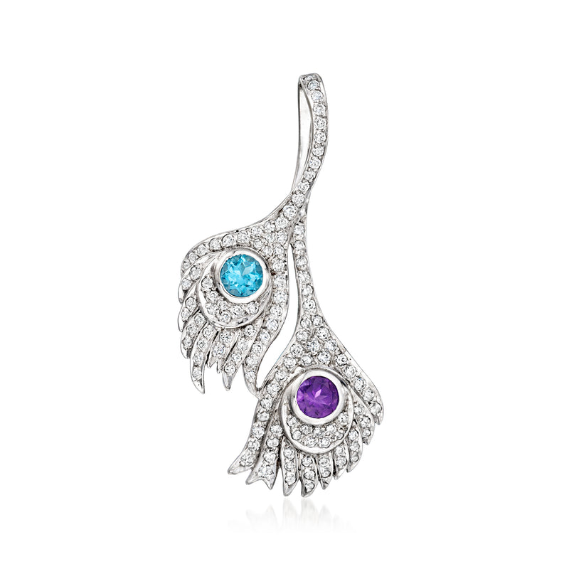 White gold feather pendant with blue topaz, amethyst stone, and diamond accents