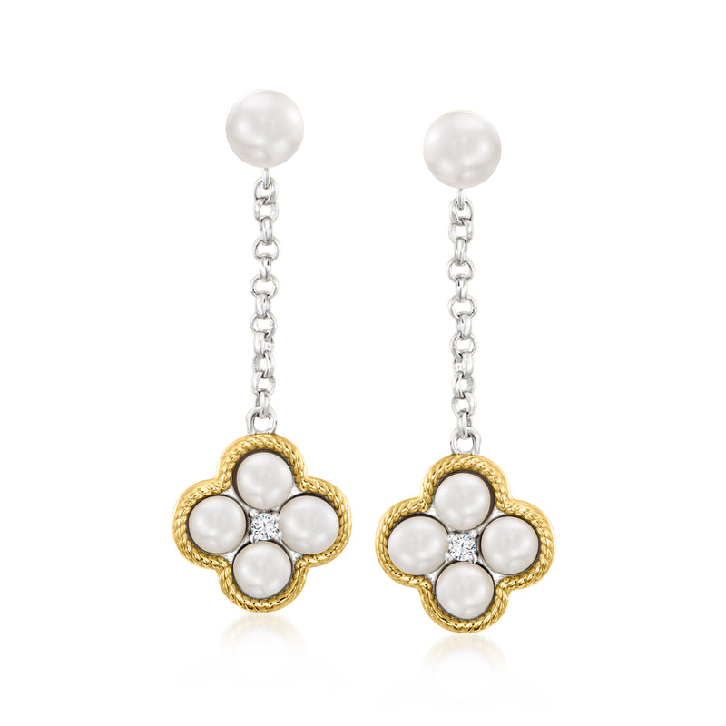 Cultured pearl drop earrings with gold flower motif and white CZ accents, dangling chain