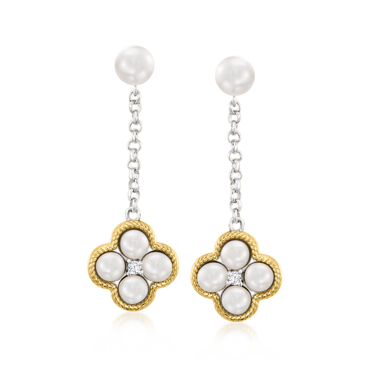Charles Garnier "Trefle" 3-4.5mm Cultured Pearl Drop Earrings with CZs in Sterling Silver and 18kt Gold Over Sterling