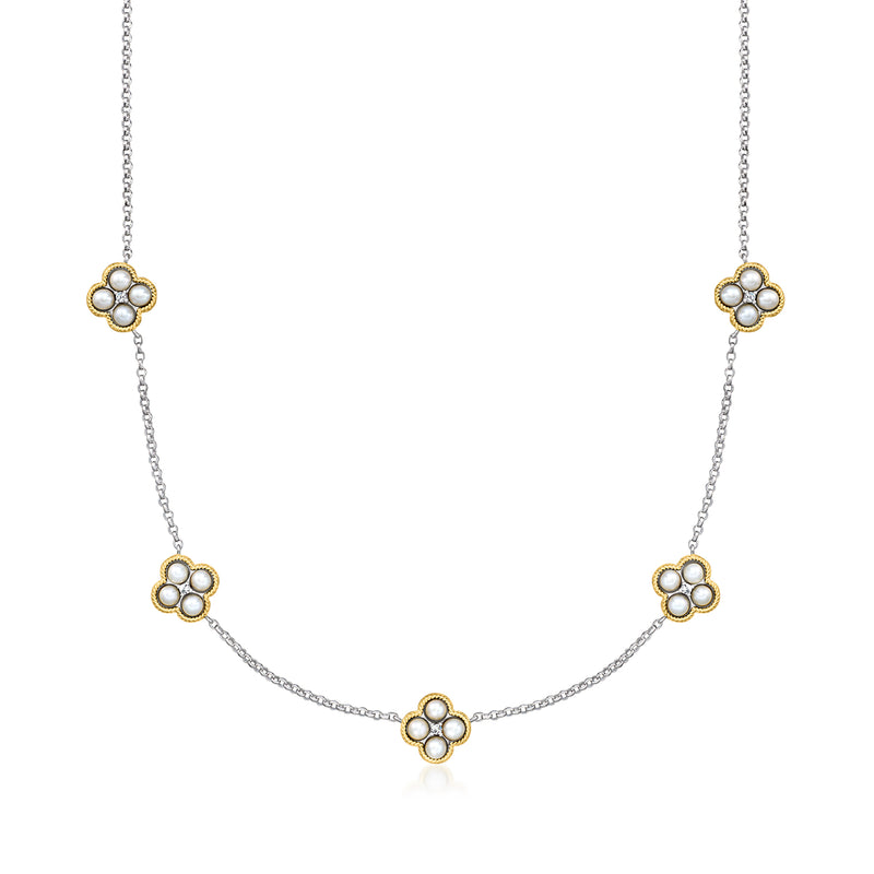 Cultured pearl station necklace with clover CZ stations, sterling silver chain, gold-tone centers