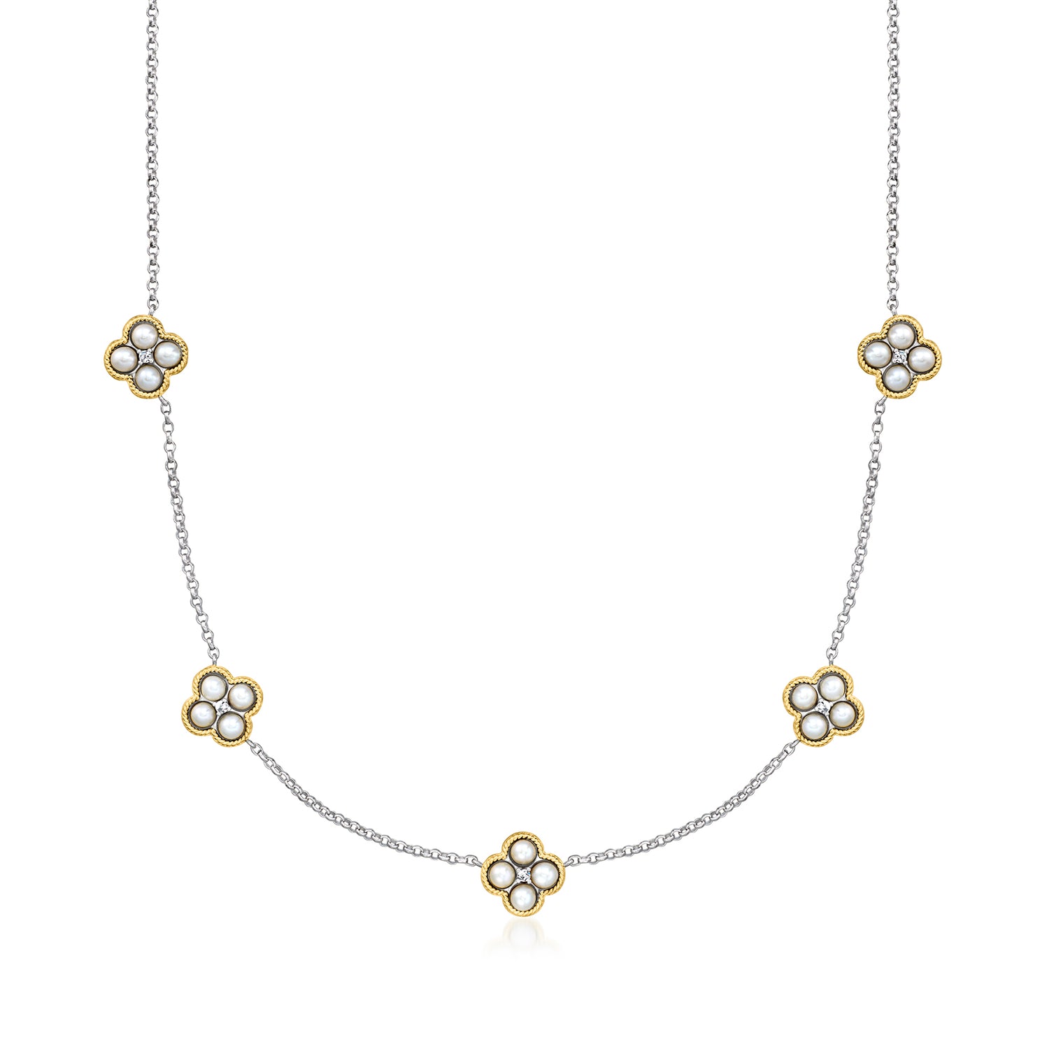 Charles Garnier "Trefle" 3-3.5mm Cultured Pearl Station Necklace with CZs in Sterling Silver and 18kt Gold Over Sterling
