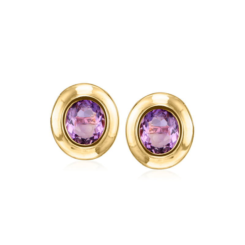 14kt yellow gold post earrings with round amethyst stones in gold bezels