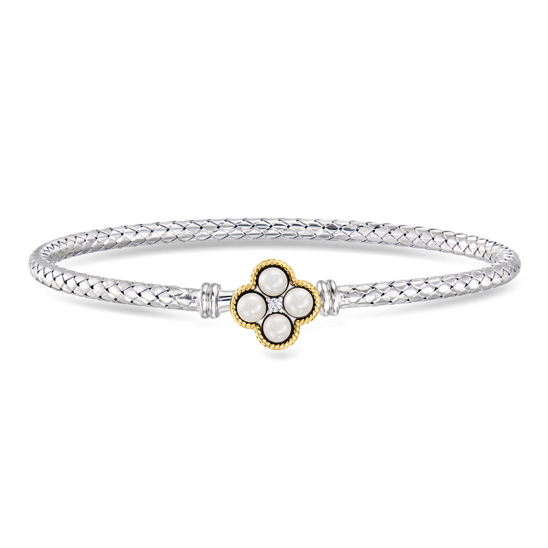 Sterling silver mesh bangle with gold bezel and four round pearl-like stones