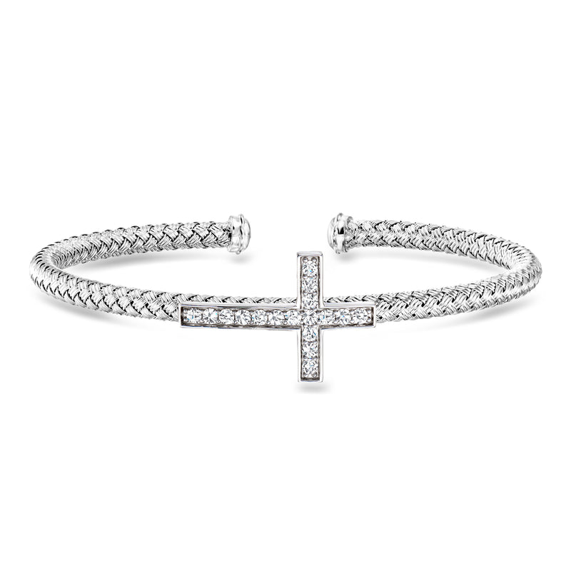 Sterling silver braided cuff bracelet with square CZ sideways cross centerpiece