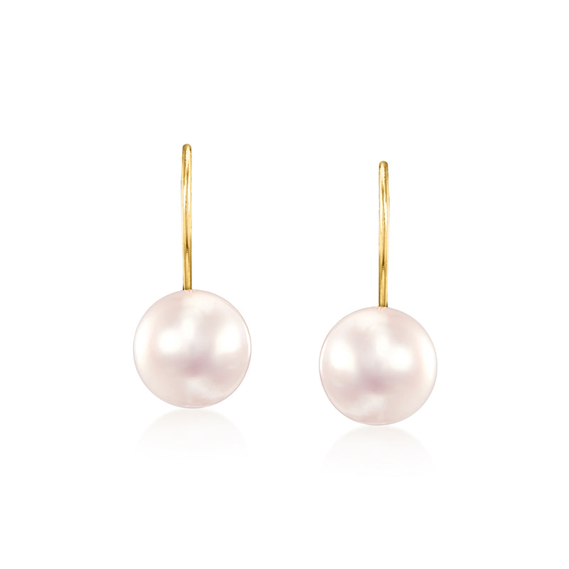 Yellow gold leverback drop earrings with round white Akoya pearls