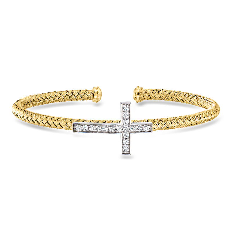 Gold-toned woven cuff bracelet with square CZ cross centerpiece