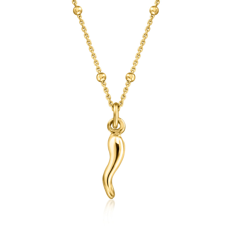 Gold horn charm station necklace with interlinked chain and polished pendant