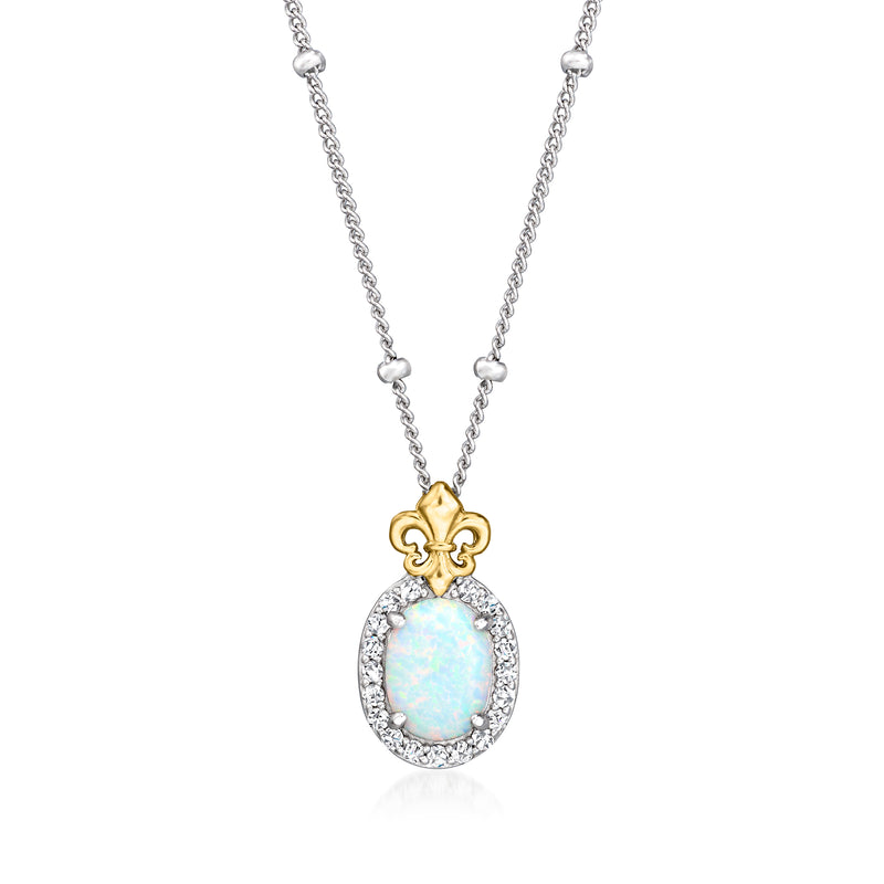 Lab-grown opal necklace with oval blue opal pendant, silver chain, gold detail