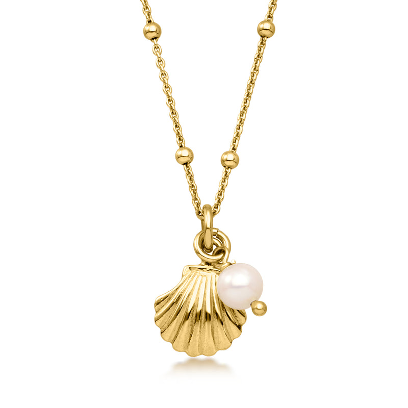 Gold-tone shell pendant necklace with round cultured pearl on fine chain