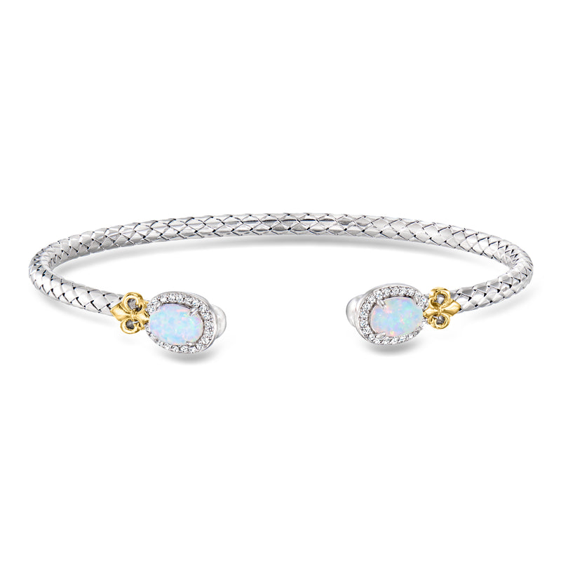 Silver opal cuff bracelet with oval opal-like stones, gold accents, and CZ halo details