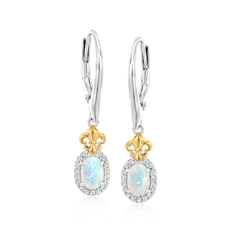 Sterling silver drop earrings with gold accent, opal-like oval, CZ halo, leverback