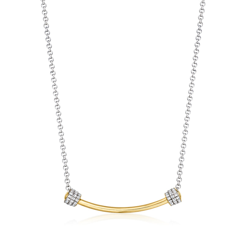 CZ bar necklace with gold curved bar and two square crystal accents, sterling silver chain