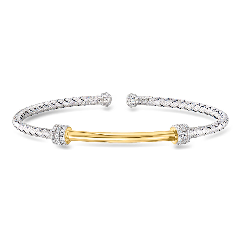 Sterling silver CZ cuff bracelet with braided rope links and gold bar