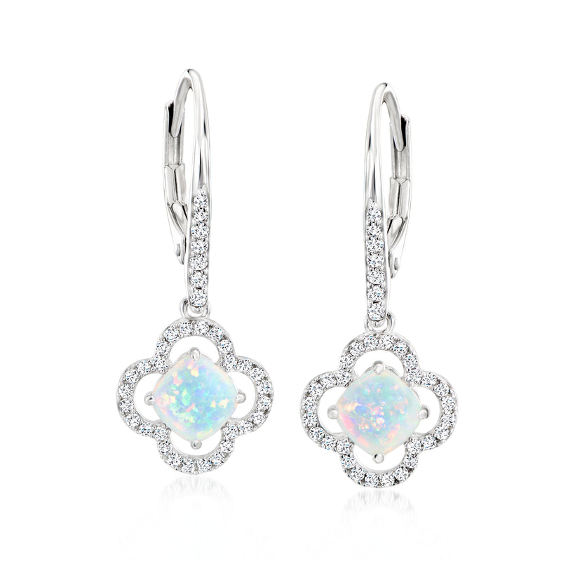 Sterling silver opal drop earrings with leverback closures and CZ halo