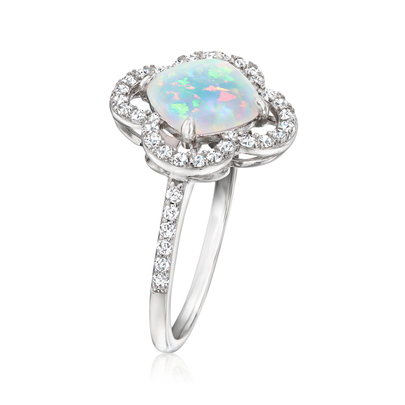 Sterling silver opal ring with oval lab-grown opal, split halo and round CZ stones
