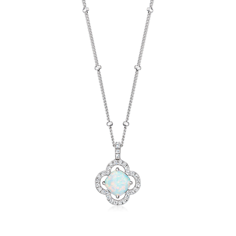 Sterling silver lab-grown opal pendant necklace with round CZ halo