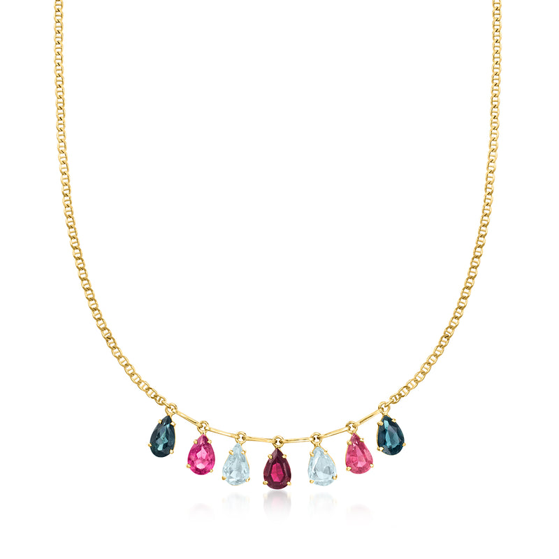 14kt yellow gold necklace with multi-gem drop stations and pink, blue, clear teardrop stones