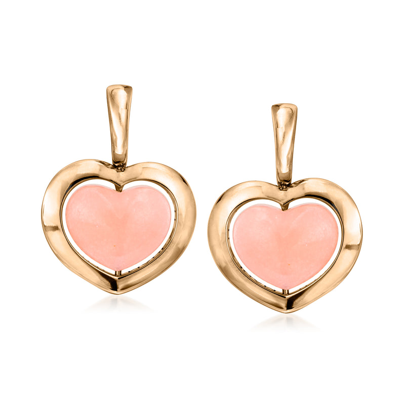 18kt yellow gold heart drop post earrings with pink stone heart frame