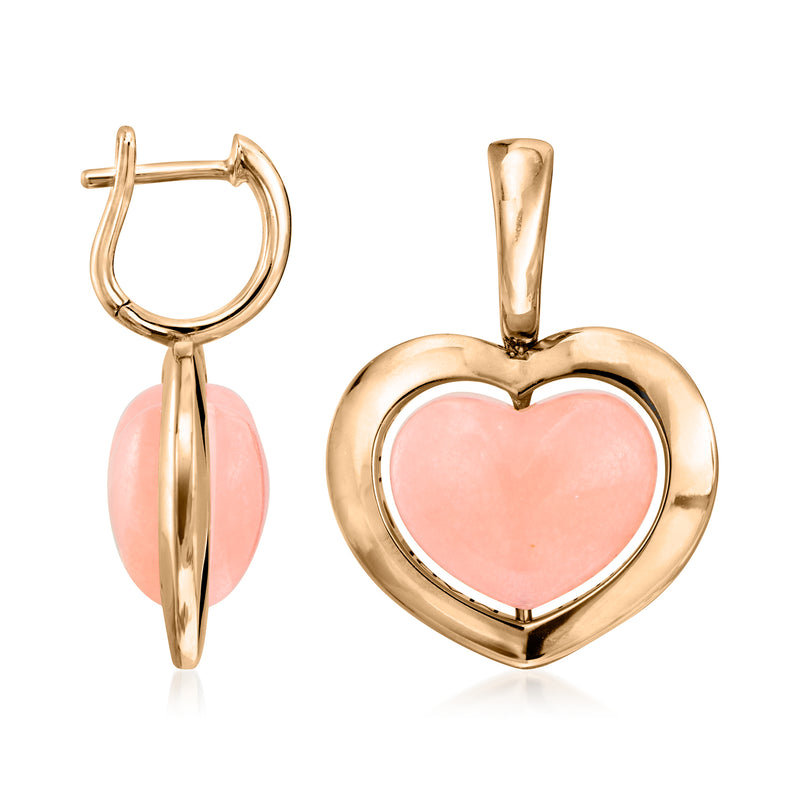 18kt yellow gold heart drop post earrings with pink stone heart bezel, side view