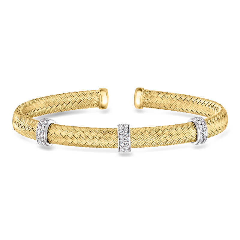 CZ station cuff bracelet with woven gold over sterling band and central square stones