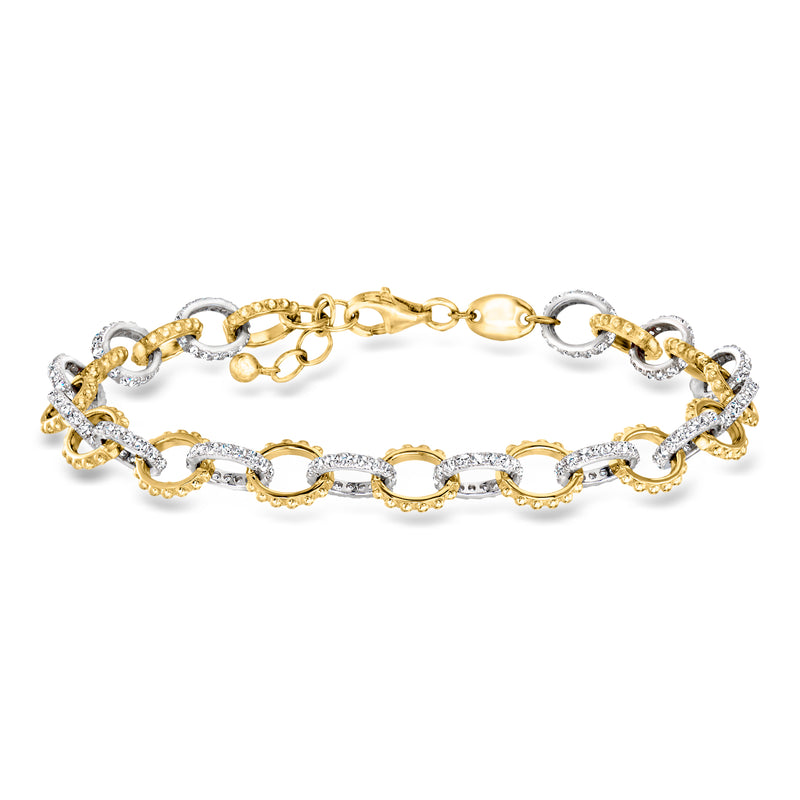 Two-tone link bracelet with oval CZ clusters in sterling silver and gold plating