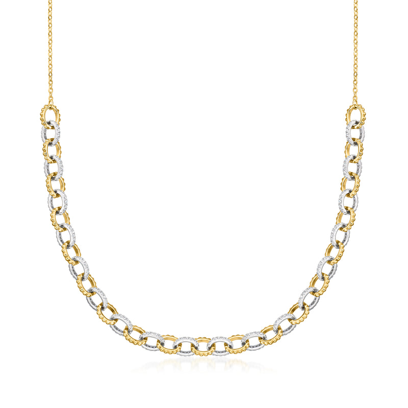 Gold and silver link necklace with oval CZ-like stones in bezel settings