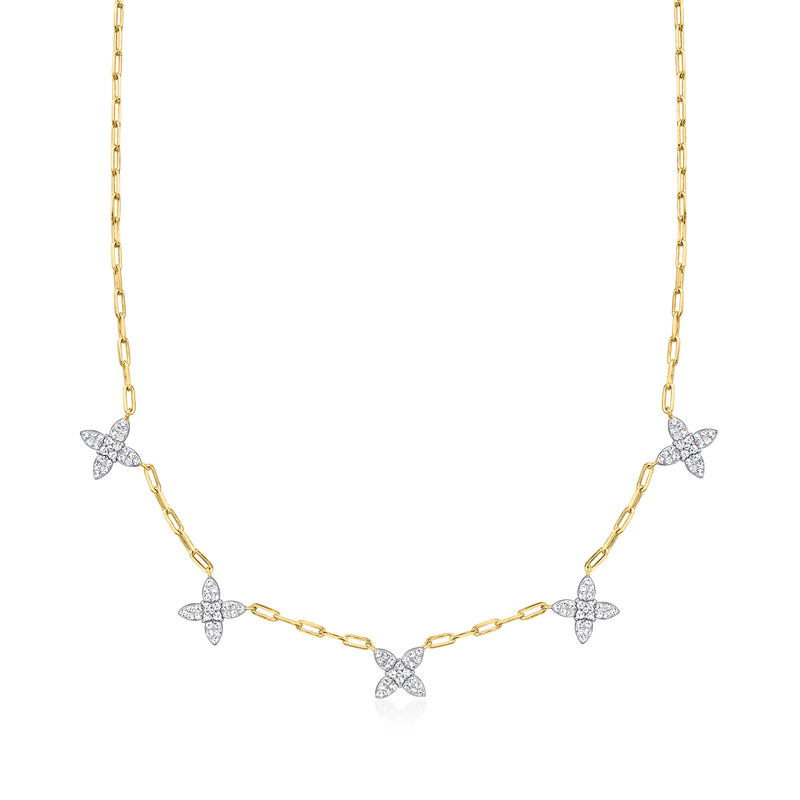 Gold over sterling necklace with five-petal flower CZ station charms