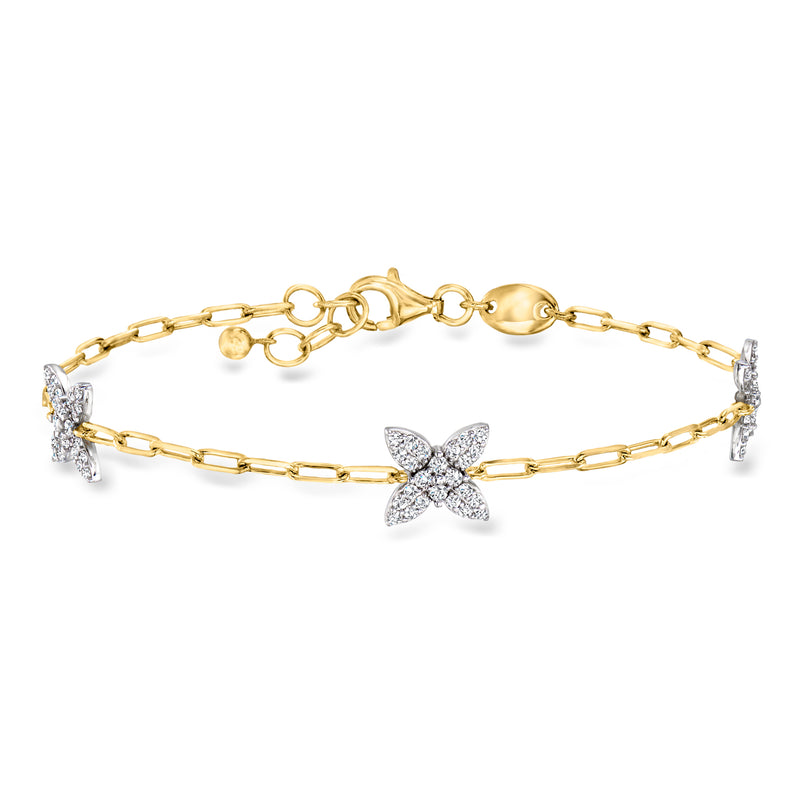 Gold over sterling bracelet with CZ flower stations and butterfly centerpiece, clasp visible