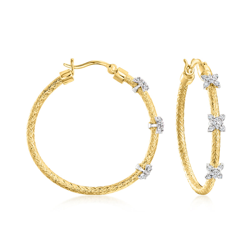 18kt gold over sterling hoop earrings with silver CZ flower stations, hinged back