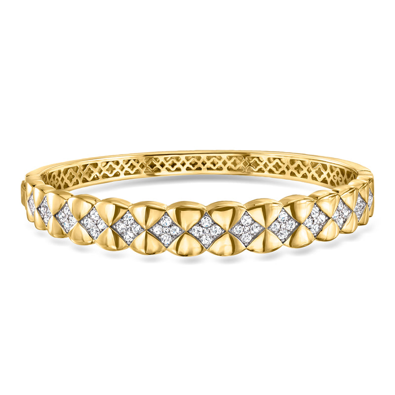 Gold bangle bracelet with quilted CZ stones and alternating white and gold details