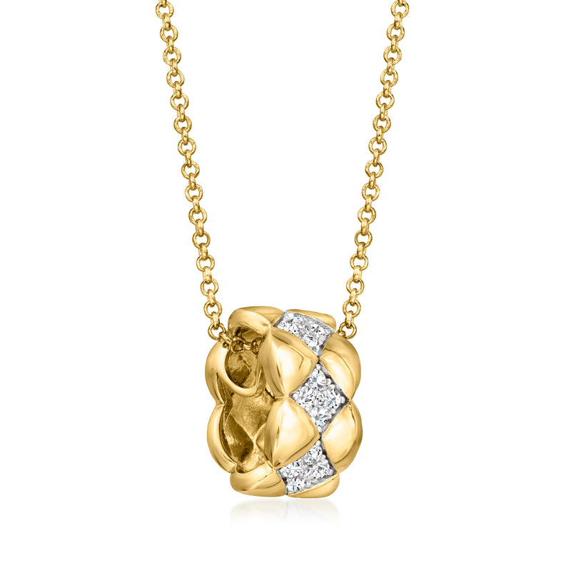 Quilted gold cat-pendant necklace with round CZ stones, angled view on link chain