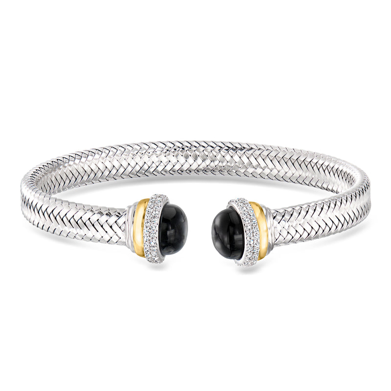 Charles Garnier mesh cuff bracelet in sterling silver with black agate and gold accents