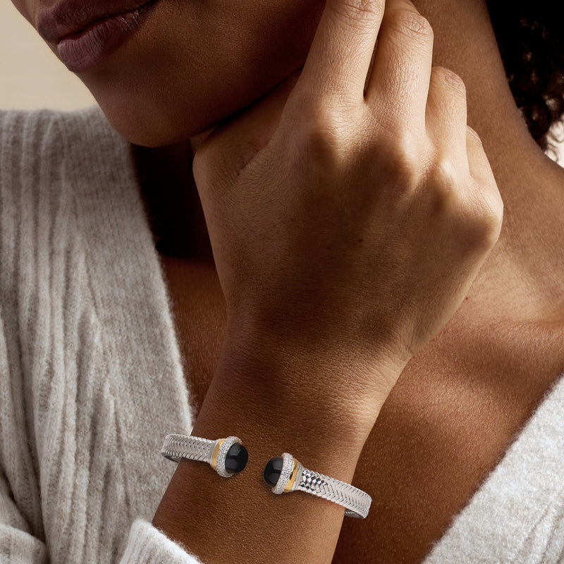 Sterling silver mesh cuff bracelet with black stones, CZ bands, and gold-tone details