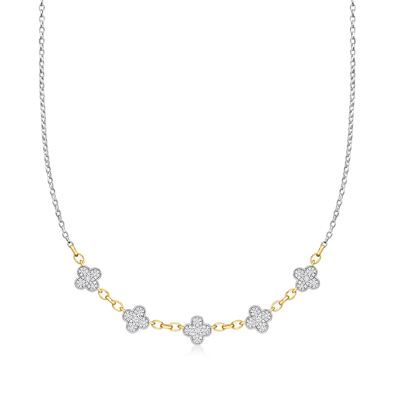 Clover station necklace in sterling silver with 18kt gold accents and CZ sparkle