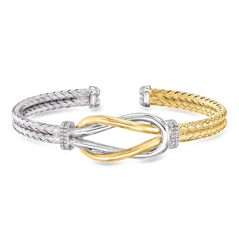 Two-tone braided knot cuff bracelet with CZ accents in sterling silver and gold