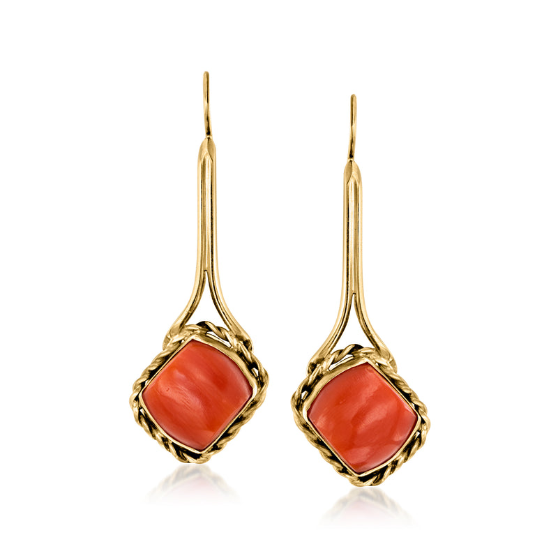 Pair of 14kt yellow gold drop earrings with orange coral cabochon settings
