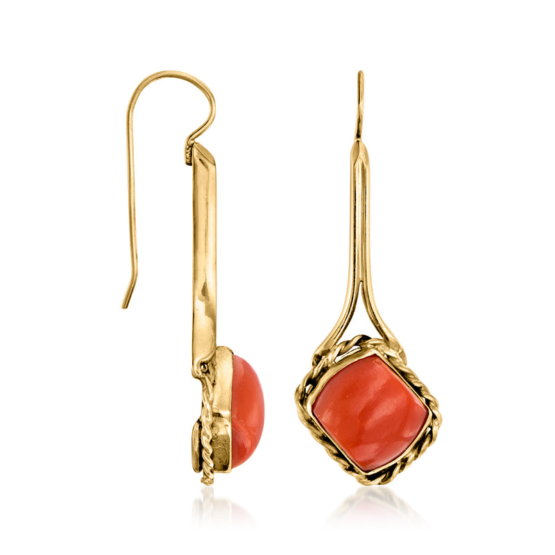 14kt yellow gold earwire drop earrings with orange coral cabochons