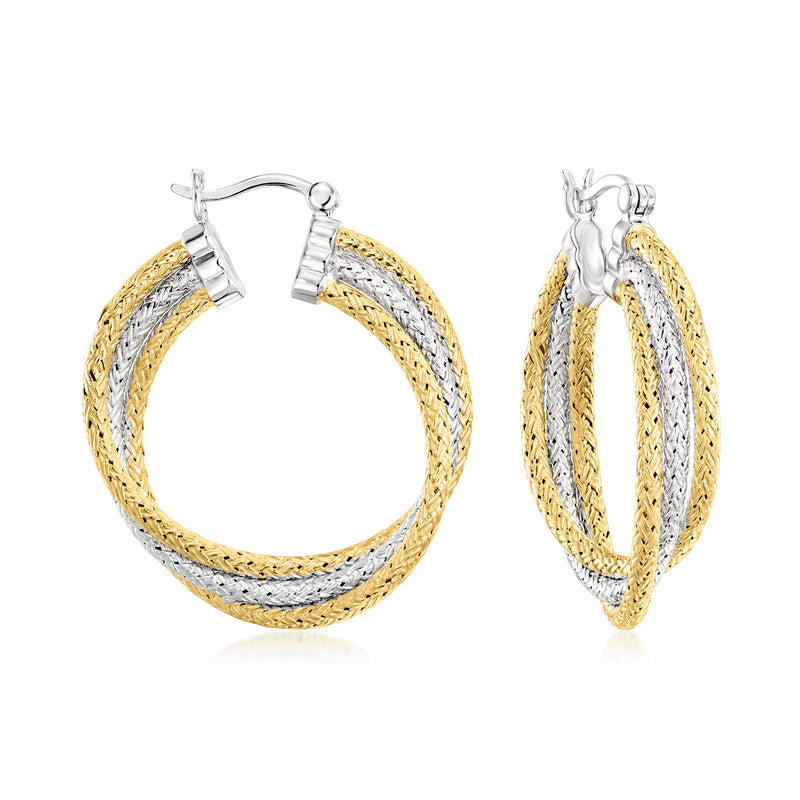 Triple hoop earrings with gold and silver twisted rope design in oval hoops