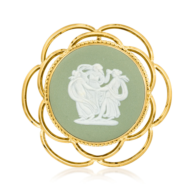 Vintage Wedgwood cameo pin pendant, 14kt yellow gold with oval green enamel and white relief