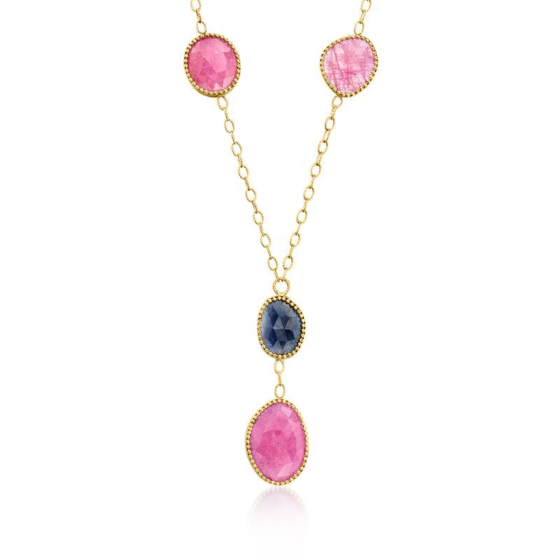 14kt yellow gold drop necklace with pink and blue oval gemstones, three-stone design