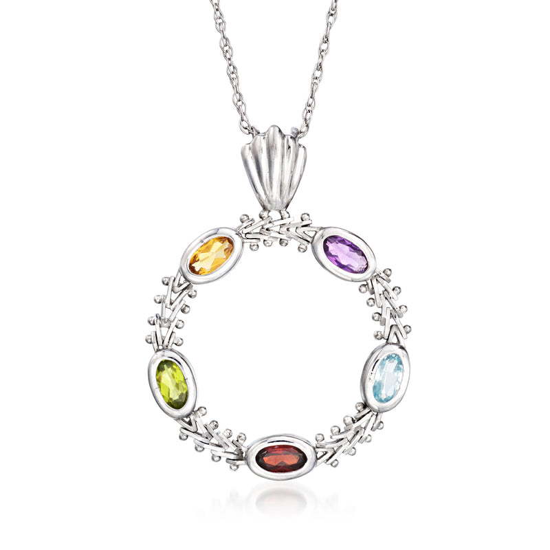 14kt white gold multi-gemstone circle pendant necklace with colored stones and bail