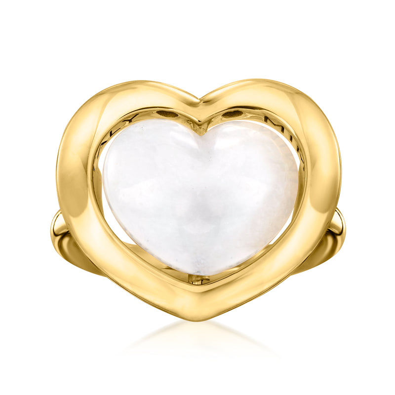 Gold heart doublet flip ring with white jade heart center, sculpted open cuff